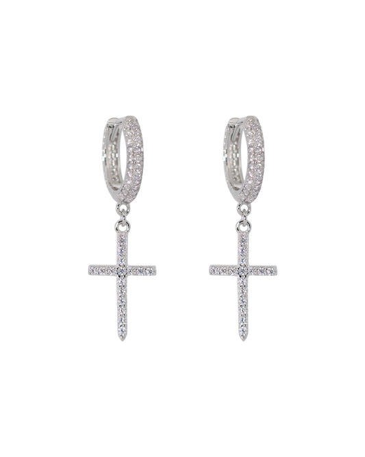 Iced Cross Earrings - White Gold