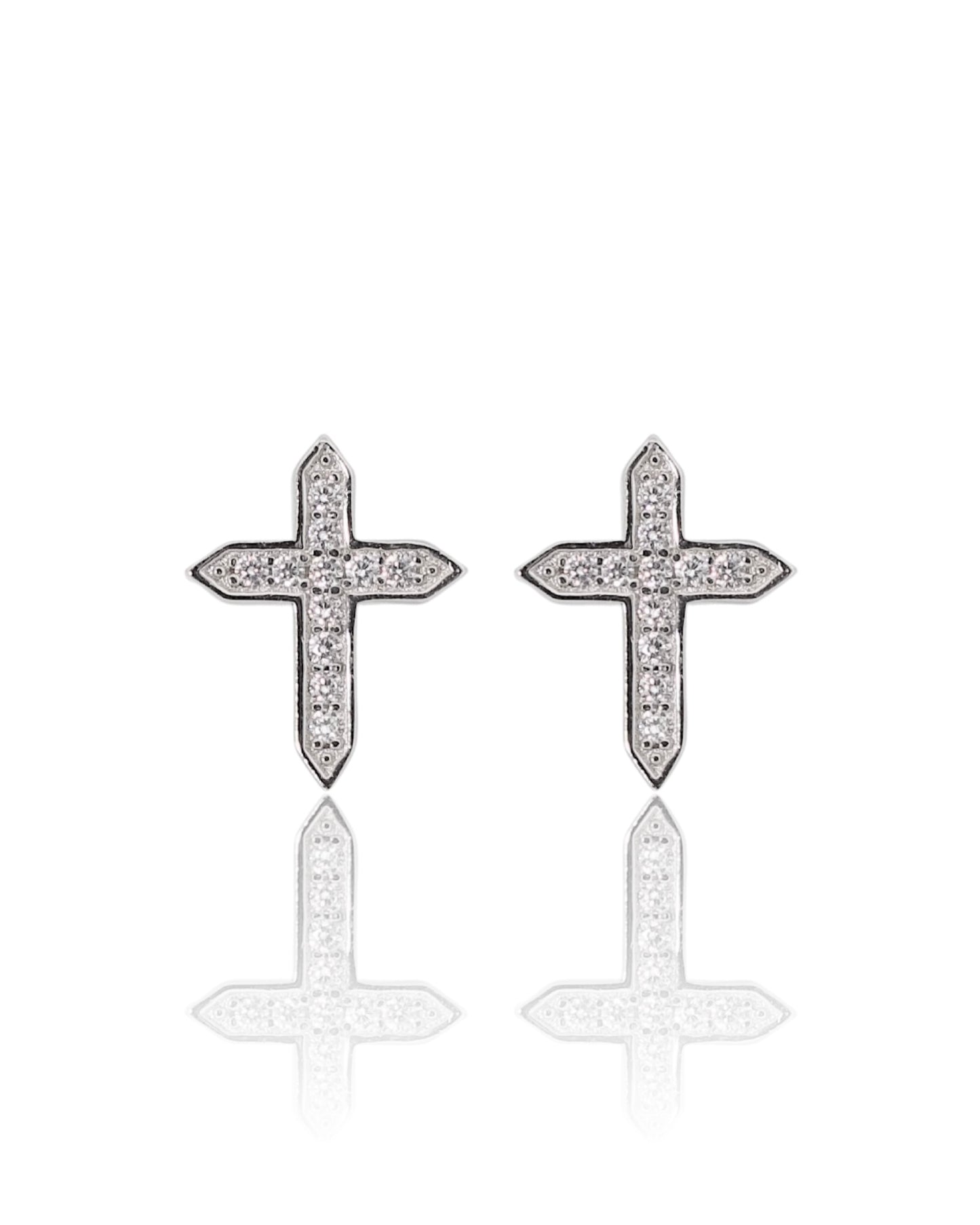 Iced Pointed Cross Earrings - White Gold