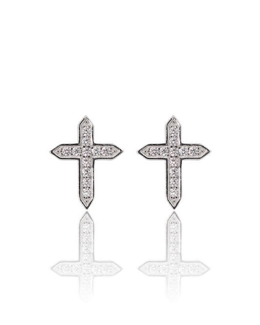 Iced Pointed Cross Earrings - White Gold