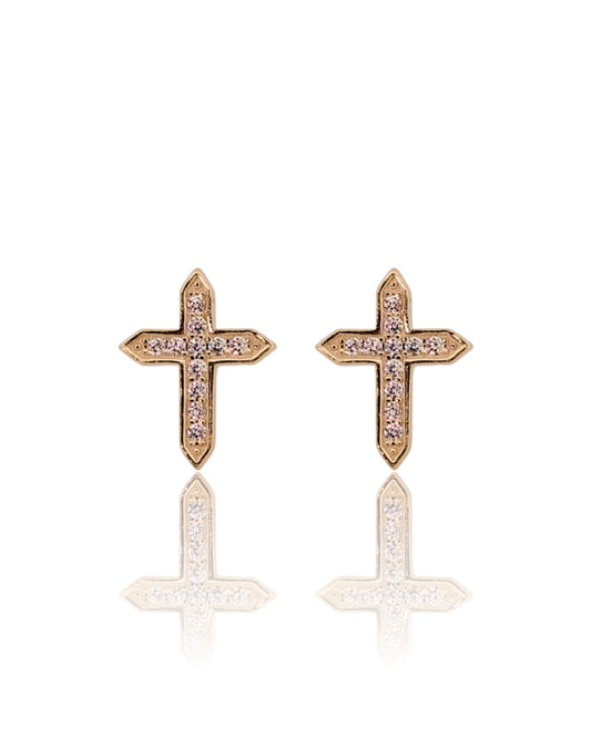 Iced Pointed Cross Earrings - Gold