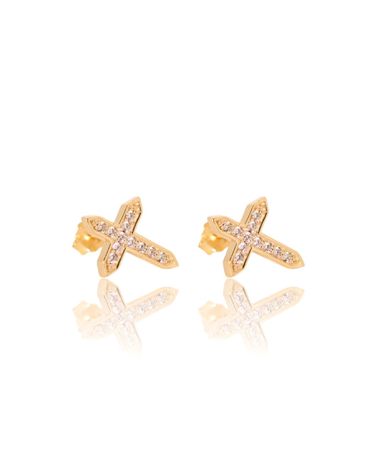 Iced Pointed Cross Earrings - Gold